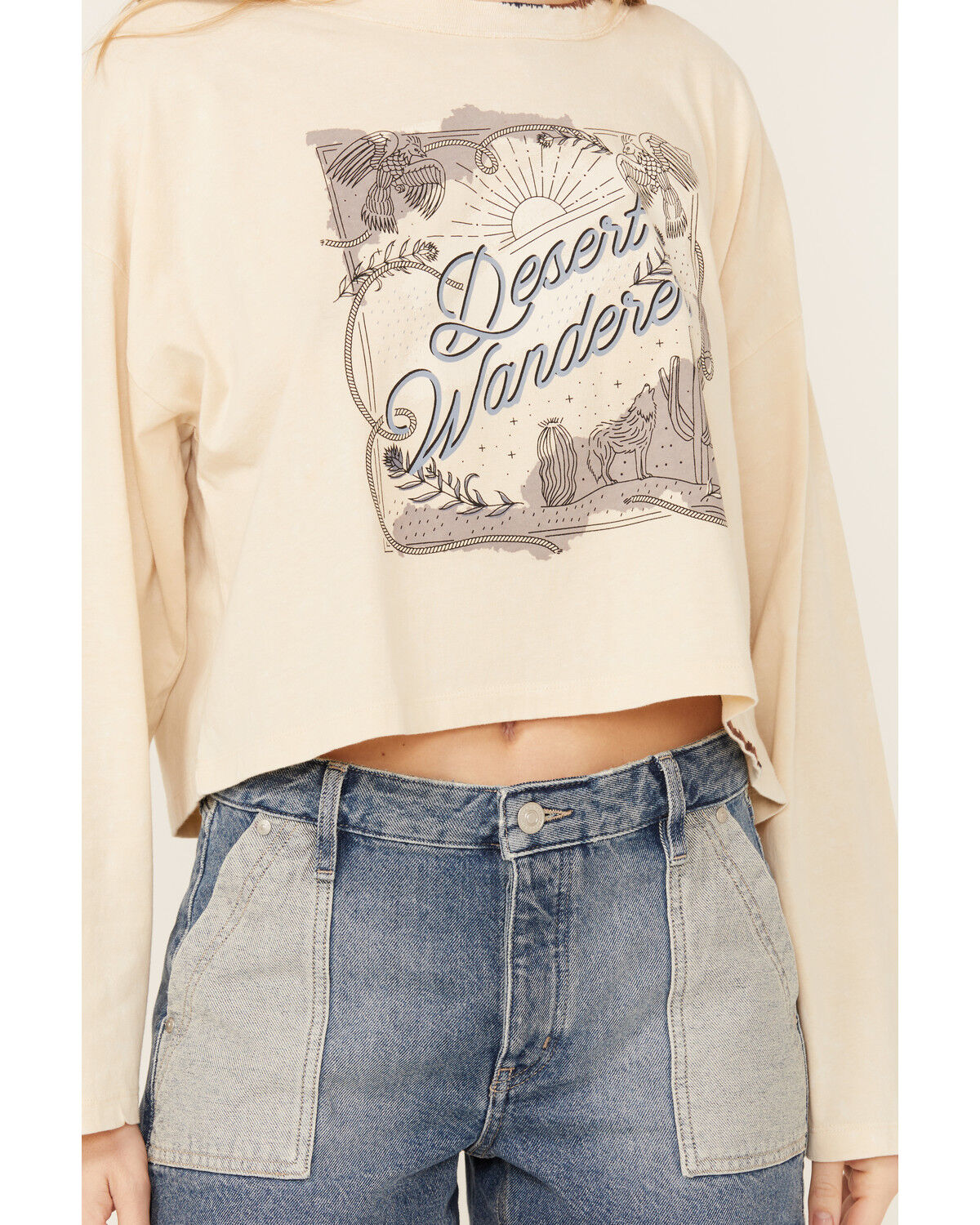 Image #3 - Cleo + Wolf Women's Athena Long Sleeve Cropped Mock Neck Graphic Tee, Oatmeal, hi-res