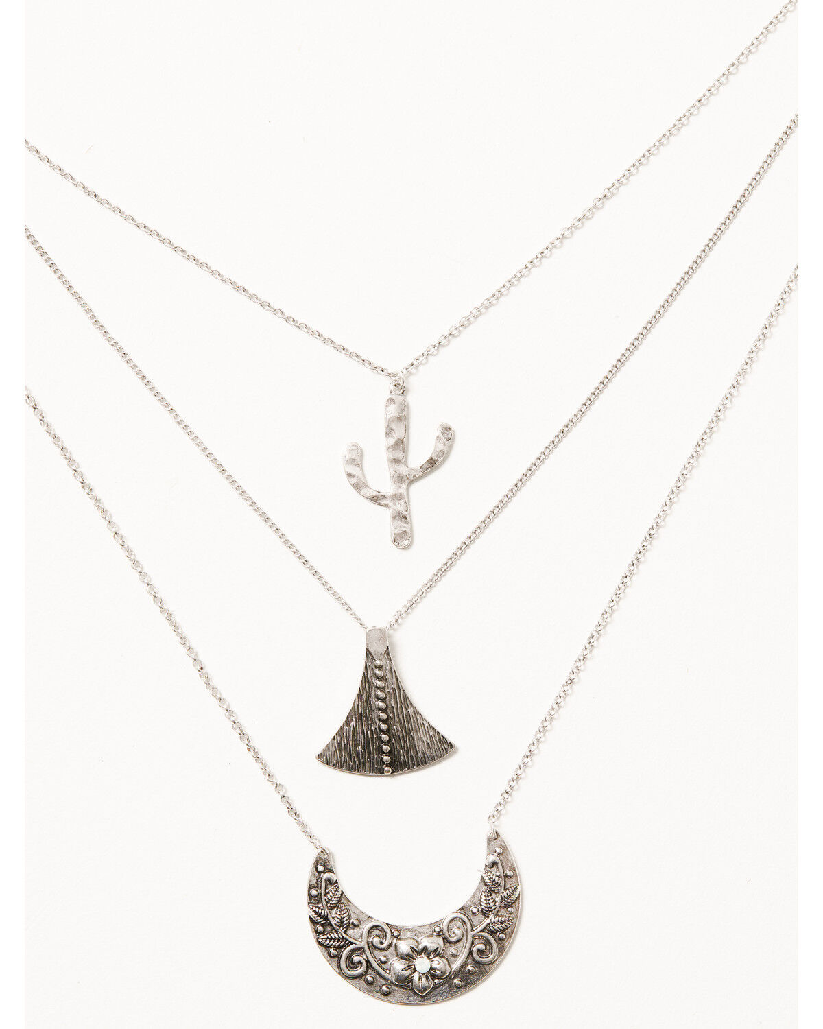 Image #1 - Prime Time Jewelry Women's Silver 3-piece Layered Cactus & Crescent Pendant Necklace, Silver, hi-res