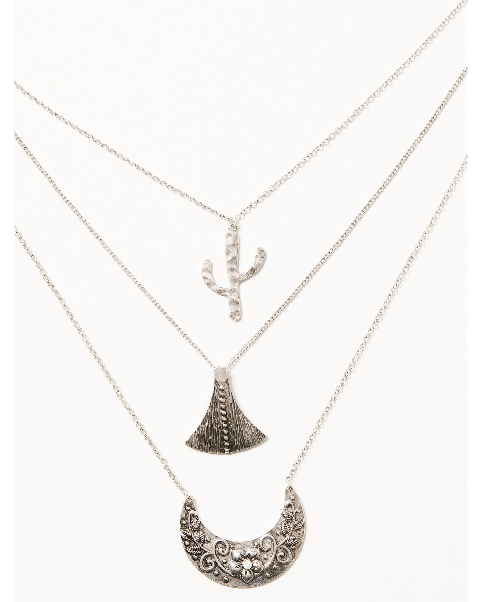 Image #1 - Prime Time Jewelry Women's Silver 3-piece Layered Cactus & Crescent Pendant Necklace, Silver, hi-res