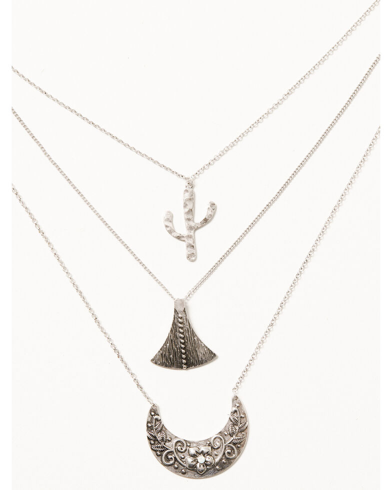 Prime Time Jewelry Women's Silver 3-piece Layered Cactus & Crescent Pendant Necklace, Silver, hi-res