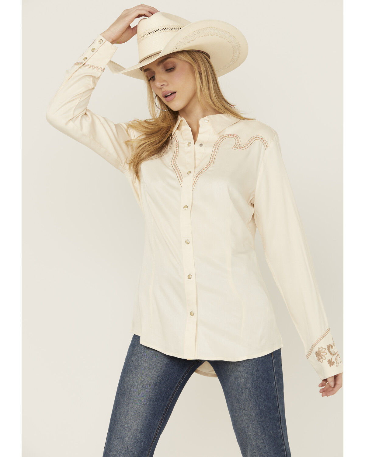 Image #1 - Wrangler Retro Women's Floral Embroidered Long Sleeve Pearl Snap Western Shirt, Cream, hi-res