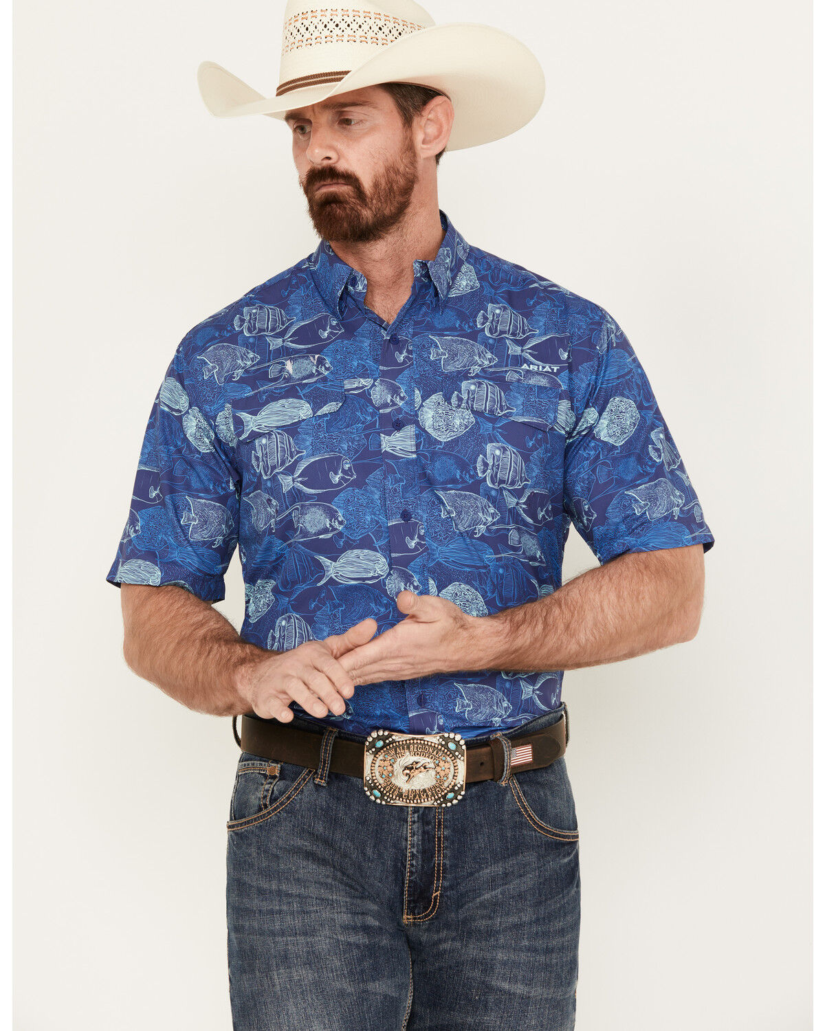 Image #1 - Ariat Men's VentTEK Outbound Print Classic Fit Short Sleeve Performance Shirt, Blue, hi-res