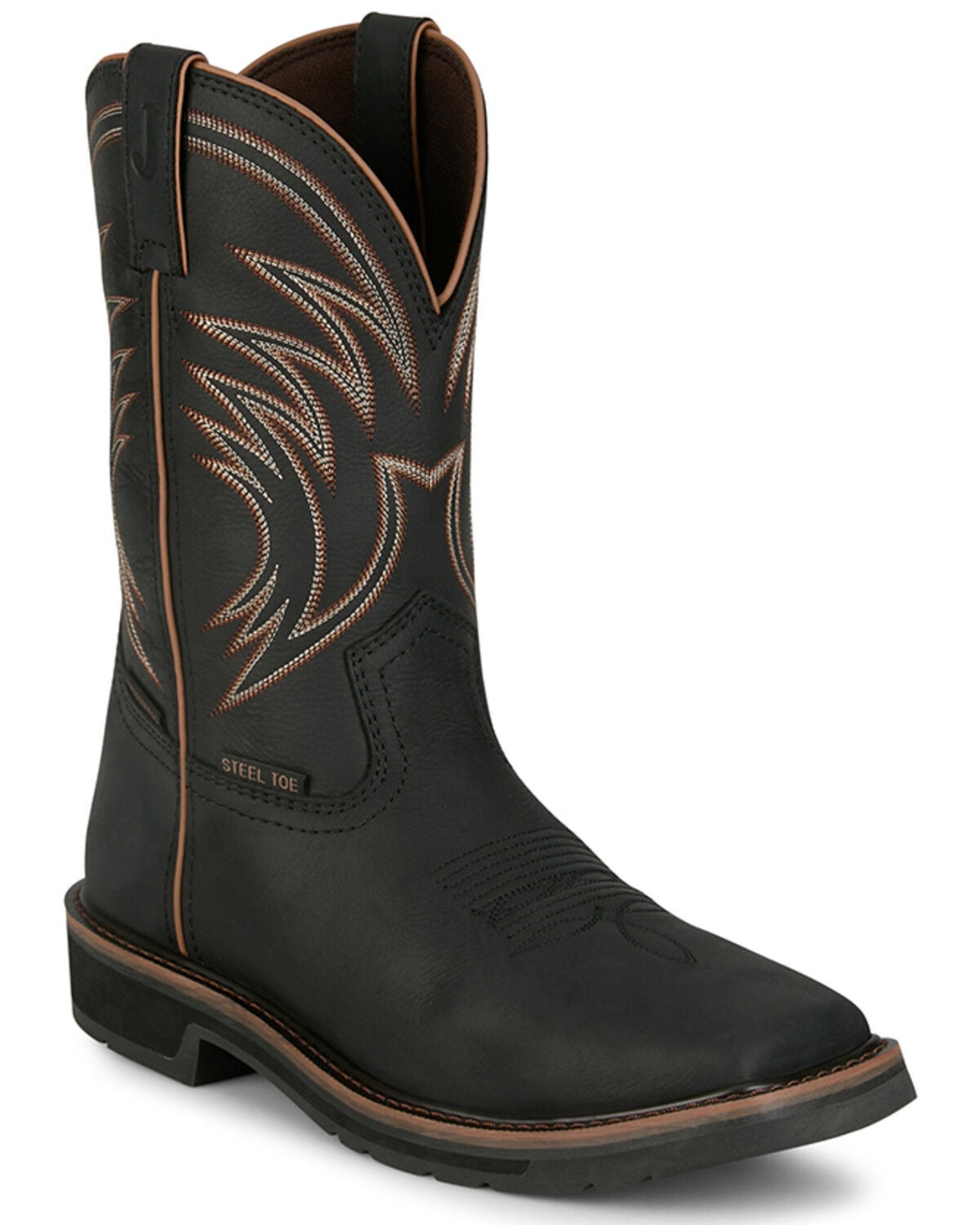 Justin Men's 11" Stampede Widowmaker Waterproof Pull-On Work Boots - Steel Toe, Black, hi-res