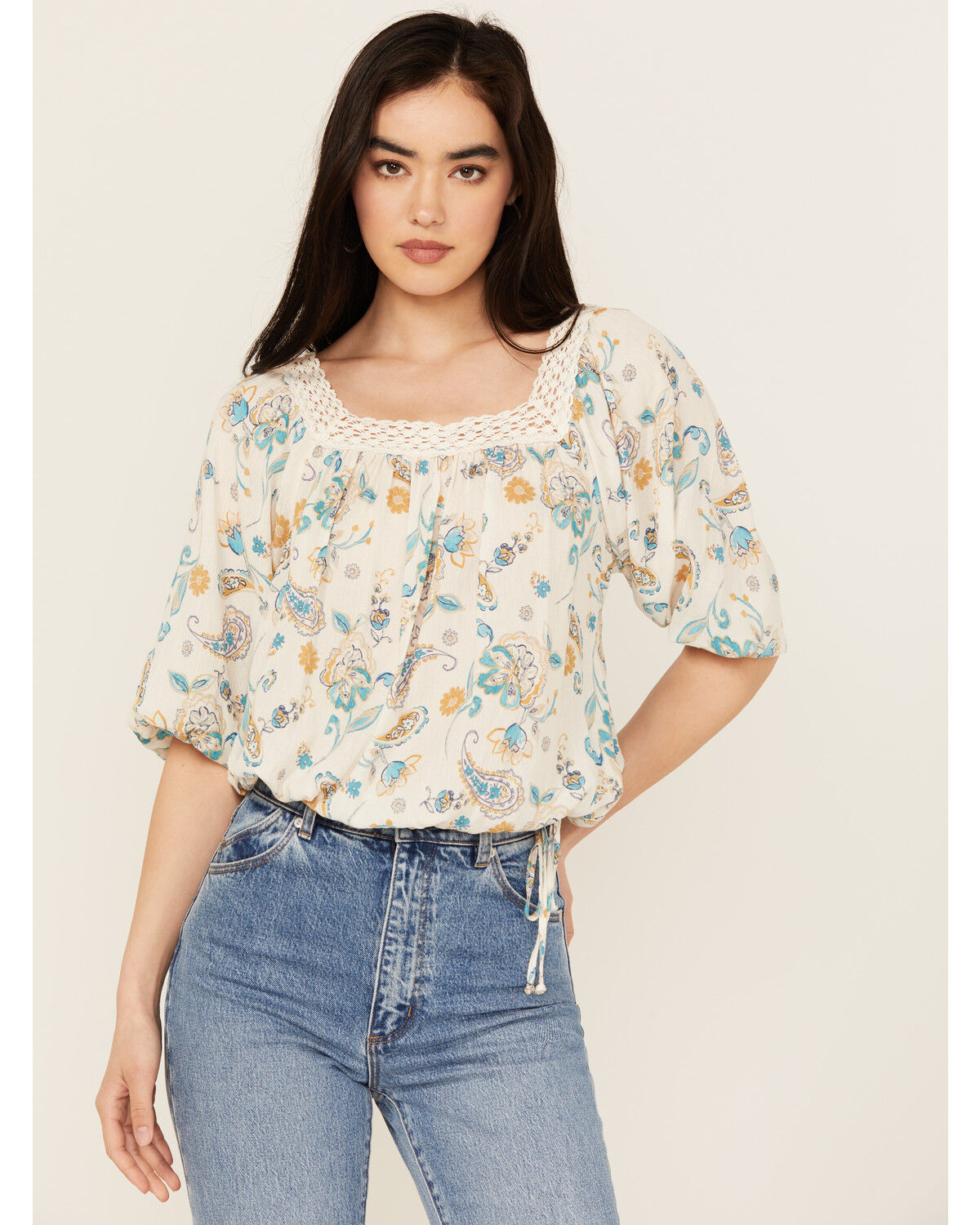 Image #1 - Wild Moss Women's Floral Print Long Sleeve Peasant Top, Ivory, hi-res