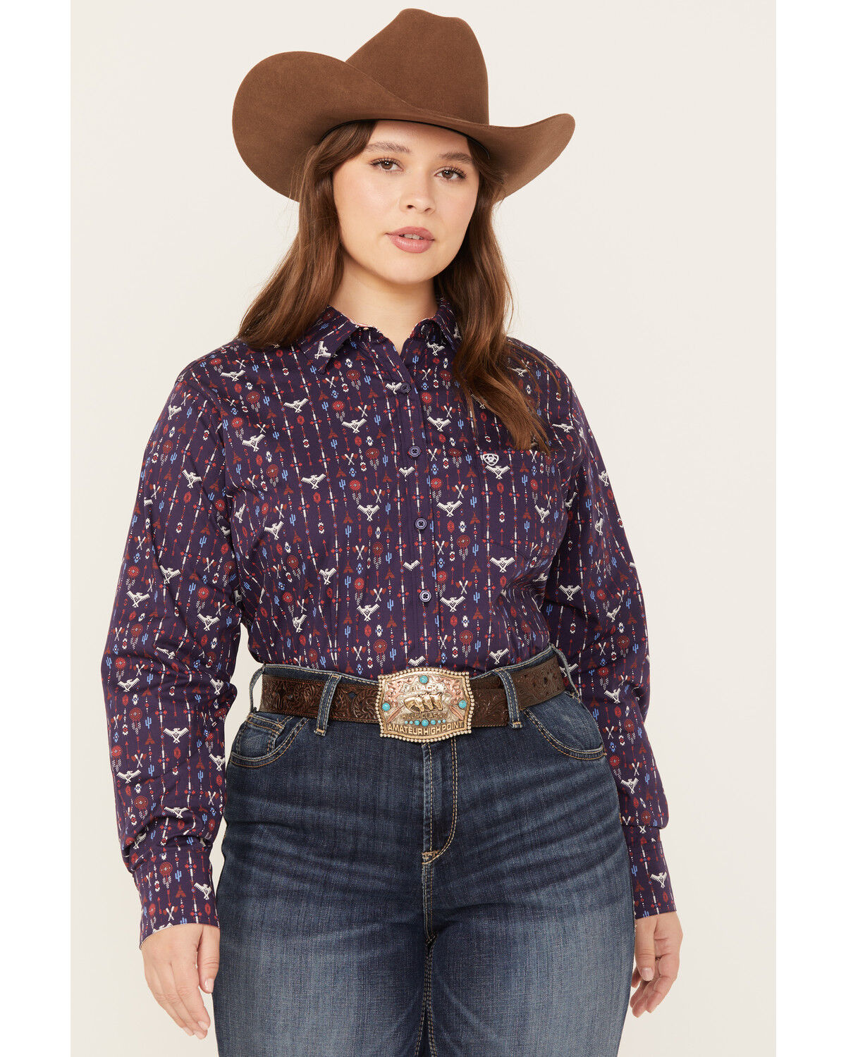 Image #1 - Ariat Women's Southwestern Print Long Sleeve Kirby Stretch Button Down Shirt - Plus, Navy, hi-res
