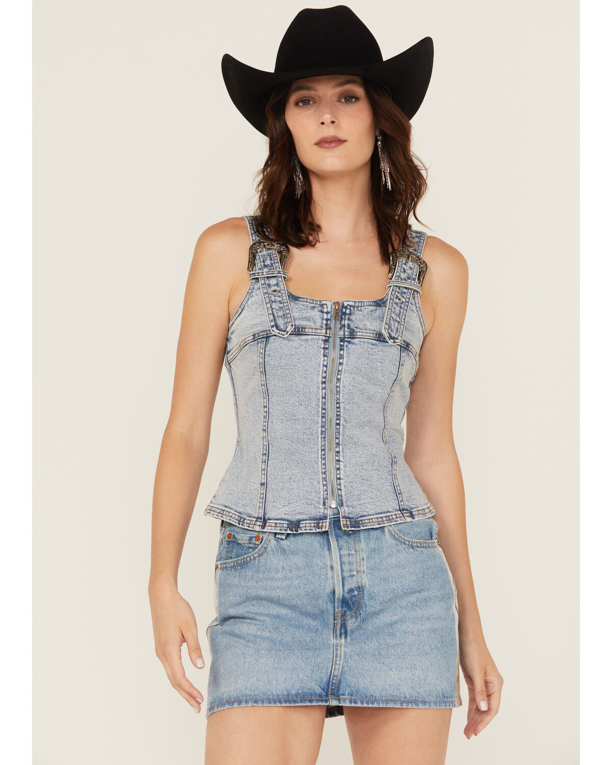Image #1 - Blue B Women's Sleeveless Buckle Strap Denim Top, Light Wash, hi-res
