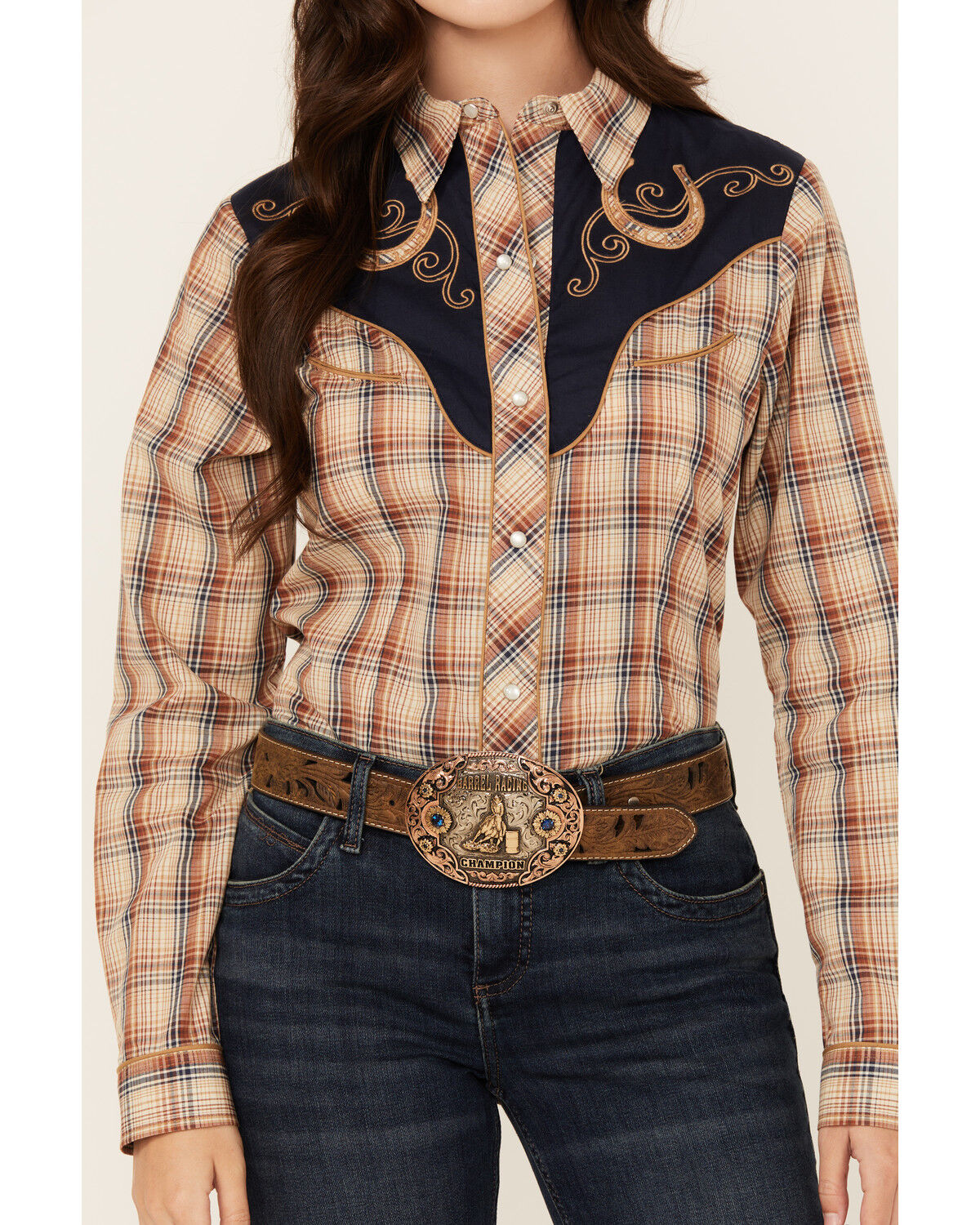 Image #3 - Roper Women's Embroidered Yoke Plaid Print Long Sleeve Snap Western Shirt, Brown, hi-res