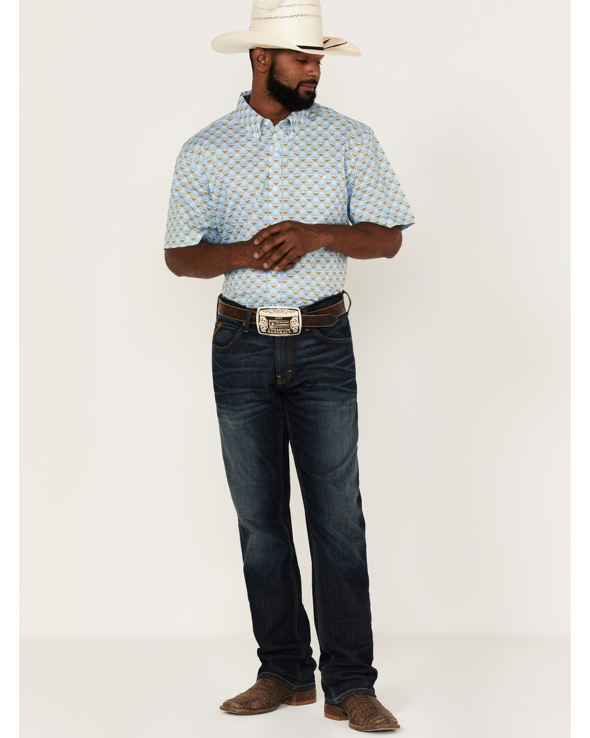 Image #2 - RANK 45® Men's Arena Allover Print Short Sleeve Button-Down Western Shirt, Light Blue, hi-res