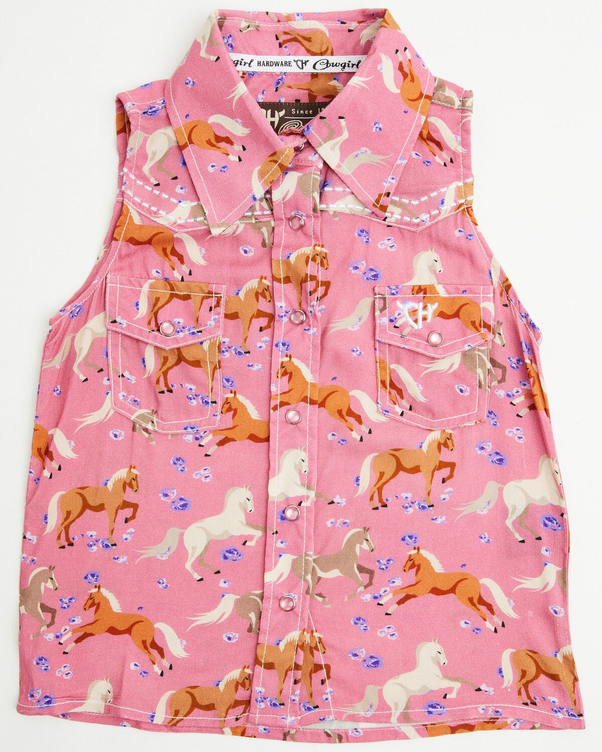 Cowgirl Hardware Toddler Girls' Horse Print Sleeveless Pearl Snap Western Shirt, Pink, hi-res