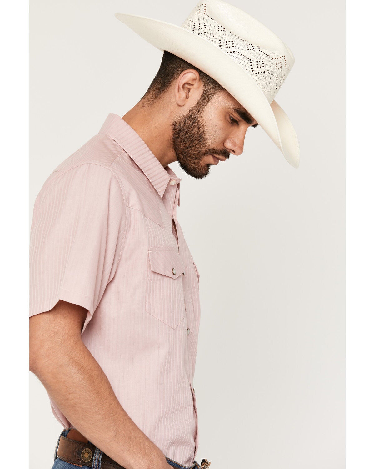 Image #2 - Gibson Trading Co Men's Basic Satin Striped Short Sleeve Snap Western Shirt, Blush, hi-res