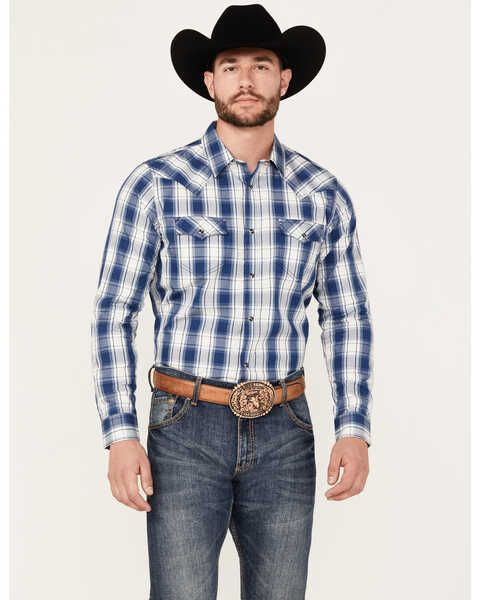Image #1 - Cody James Men's Barrel Plaid Print Long Sleeve Western Snap Shirt - Big, Navy, hi-res