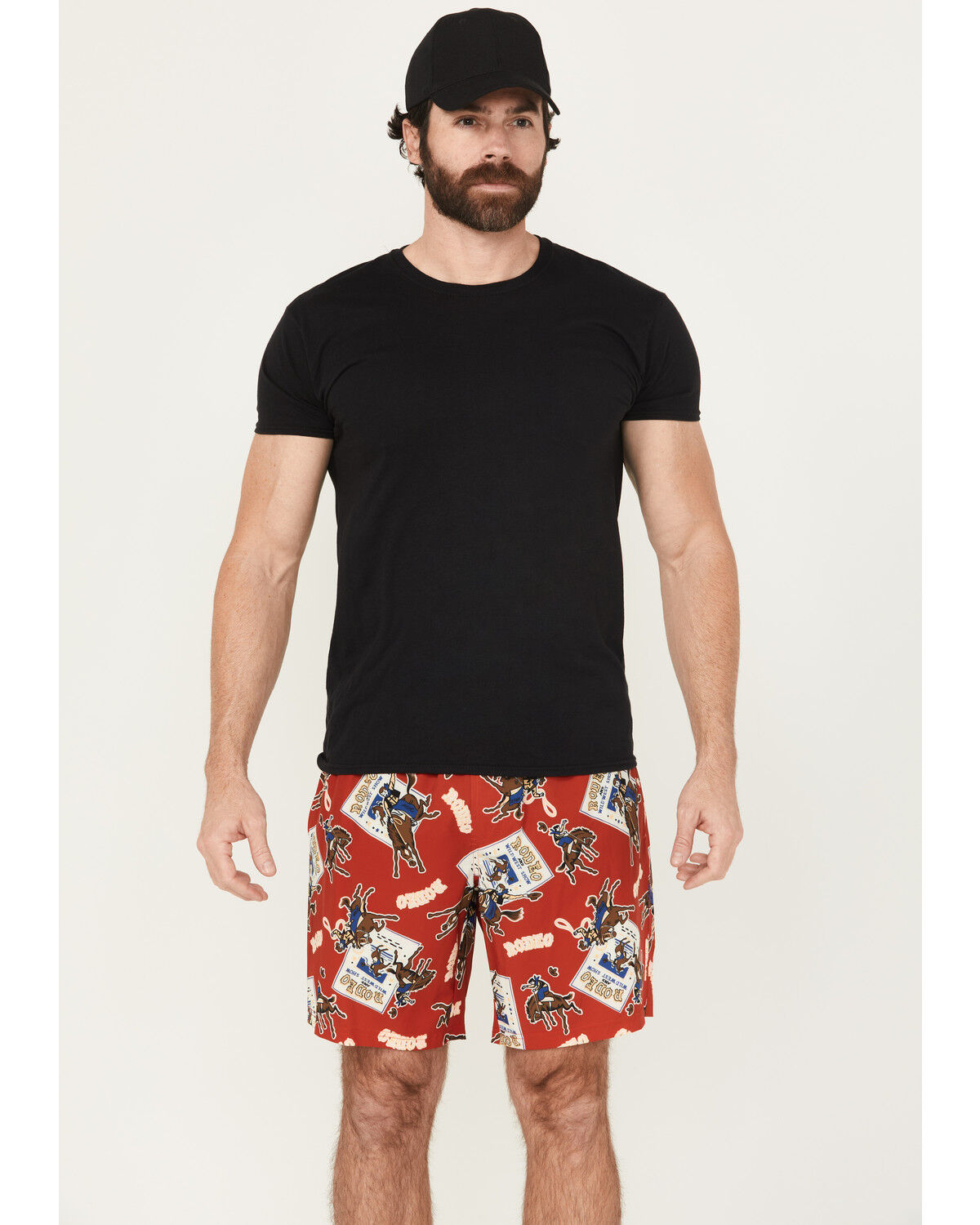 Image #1 - Cinch Men's Rodeo Print Stretch Board Shorts, Red, hi-res