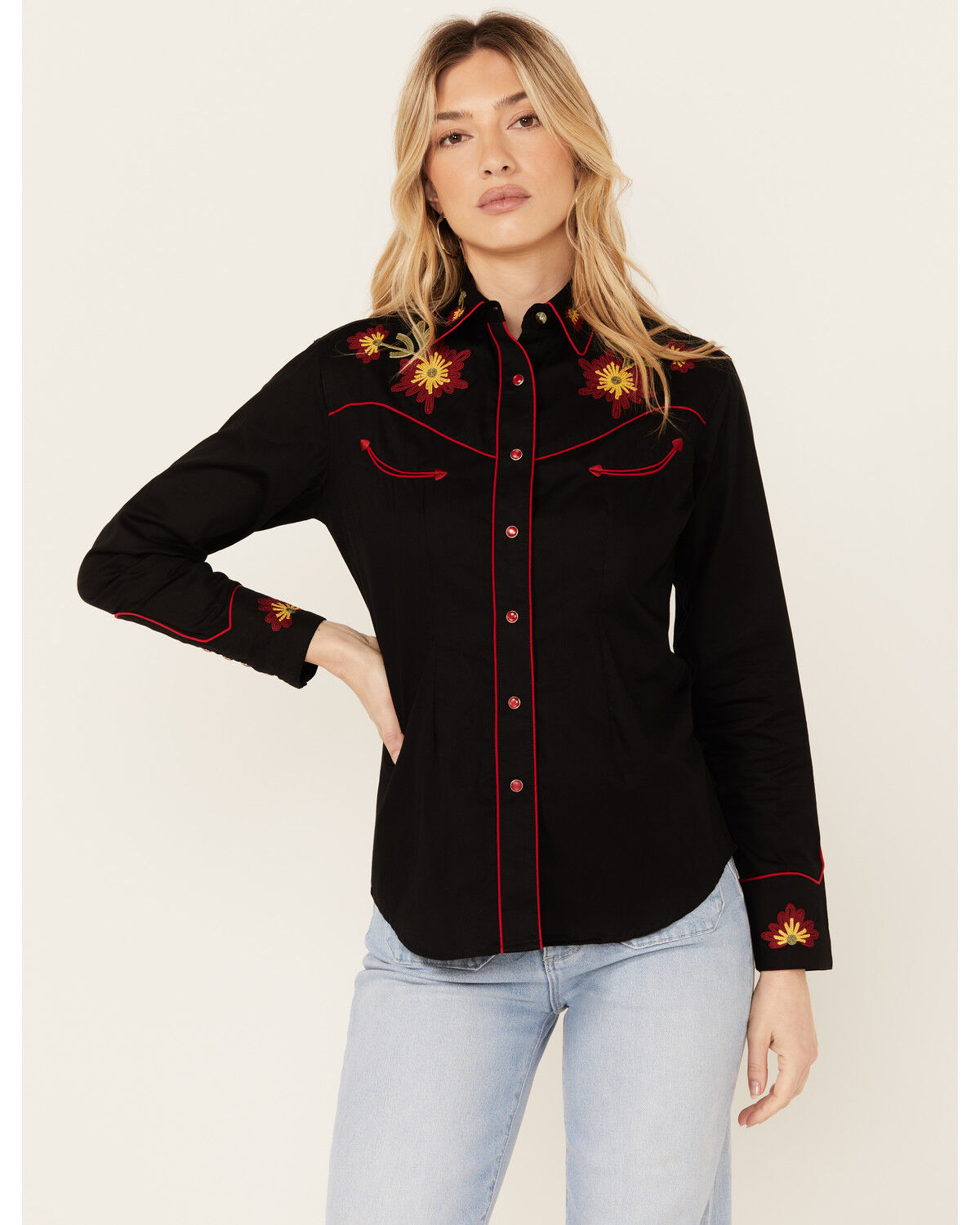 Image #1 - Rockmount Ranchwear Women's Vintage Floral Embroidered Long Sleeve Snap Western Shirt, Black, hi-res