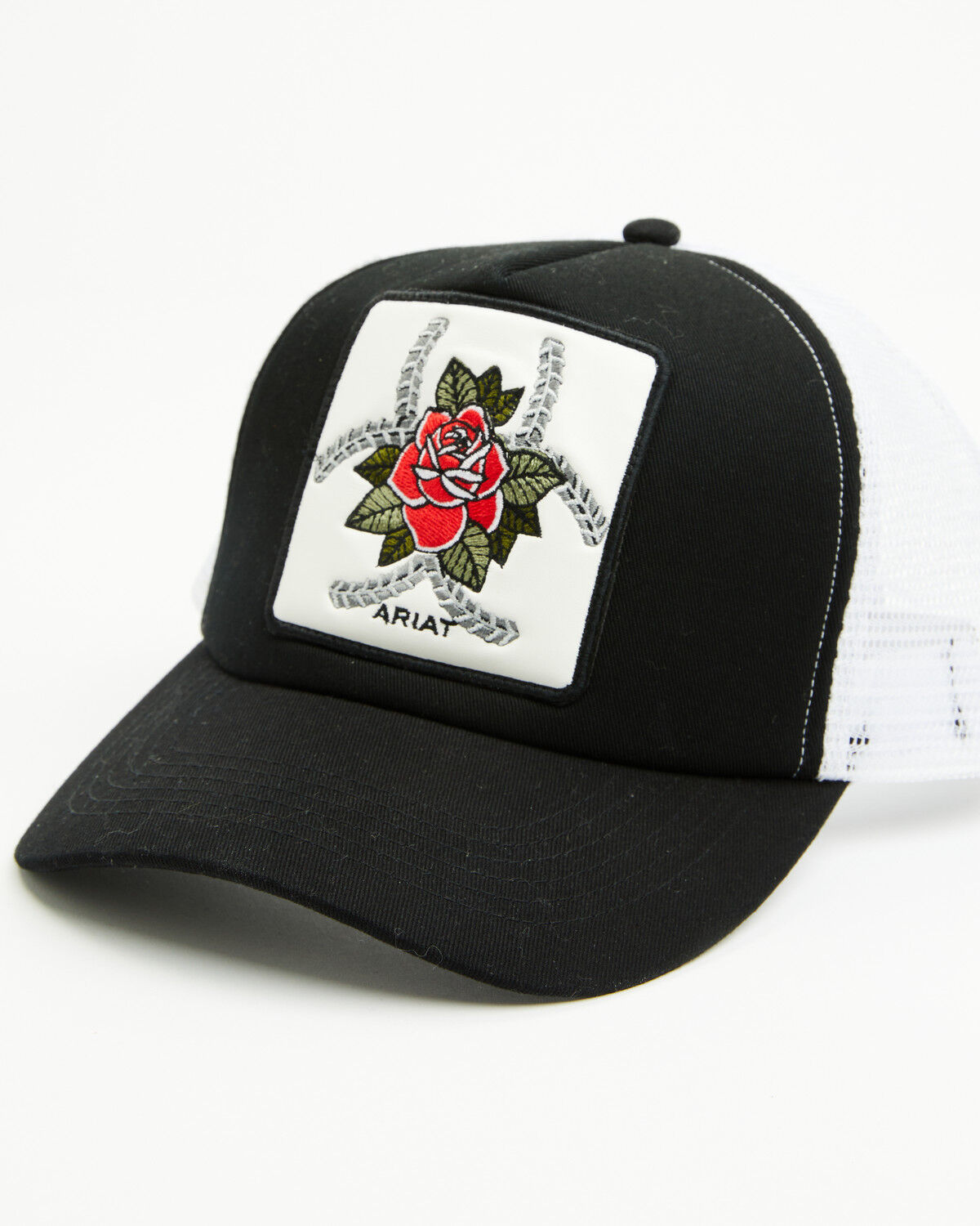 Image #1 - Ariat Women's Rose Patch Ball Cap, Black/white, hi-res