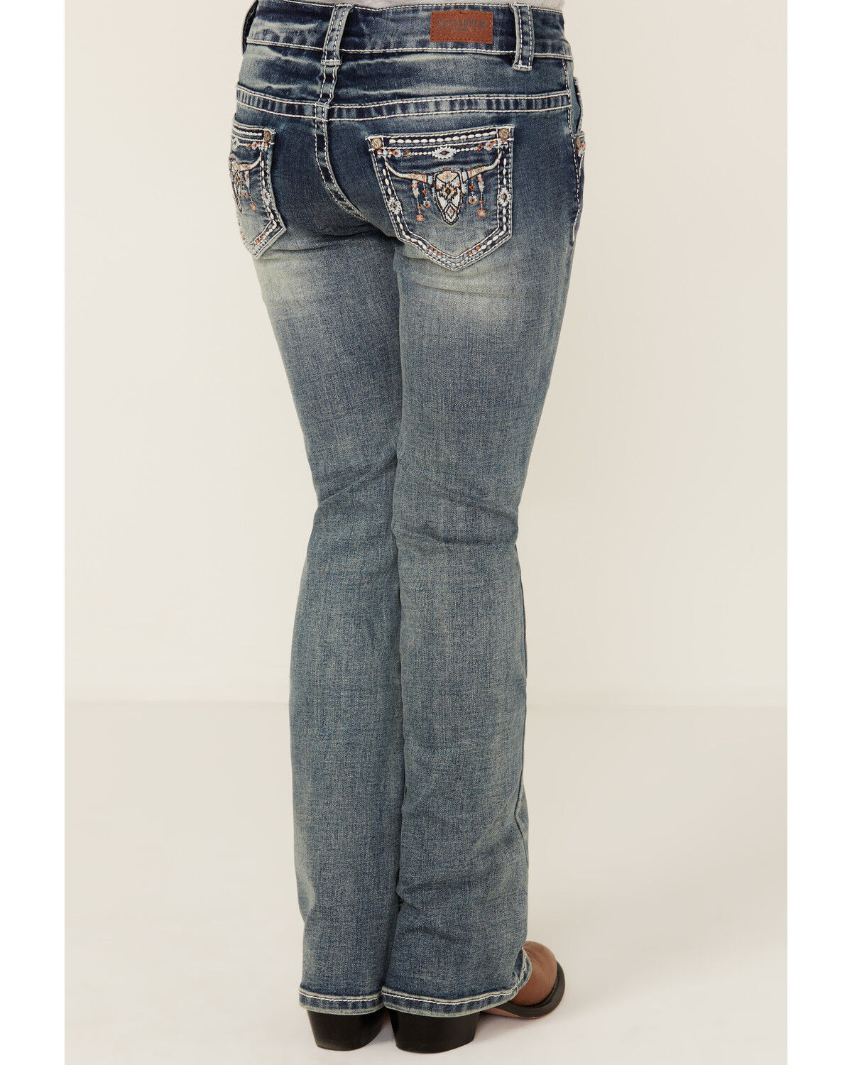 Image #3 - Shyanne Girls' Light Wash Steer Head Pocket Bootcut Stretch Denim Jeans, Medium Wash, hi-res