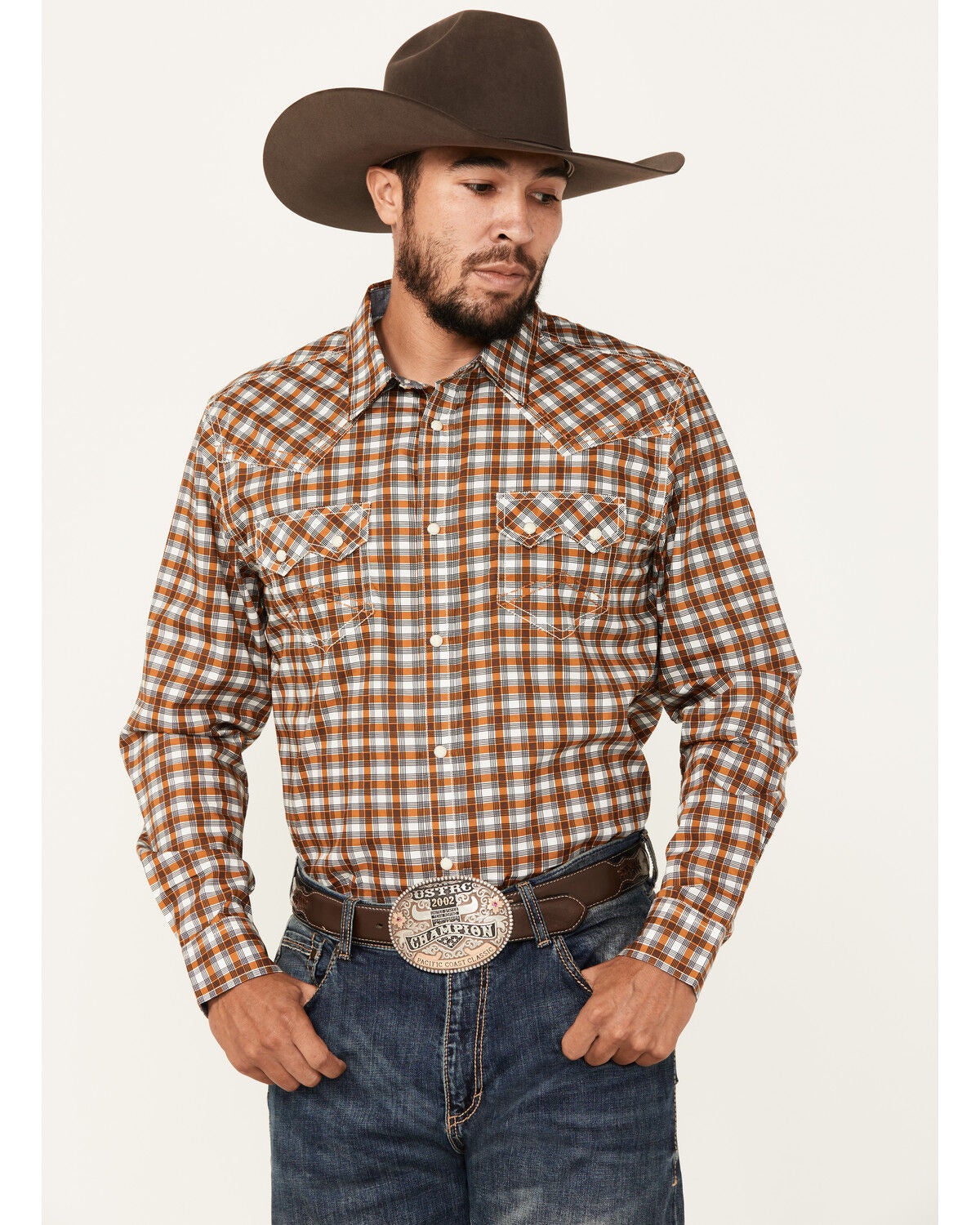 Image #1 - Cody James Men's Reverent Plaid Print Long Sleeve Snap Western Shirt, Rust Copper, hi-res