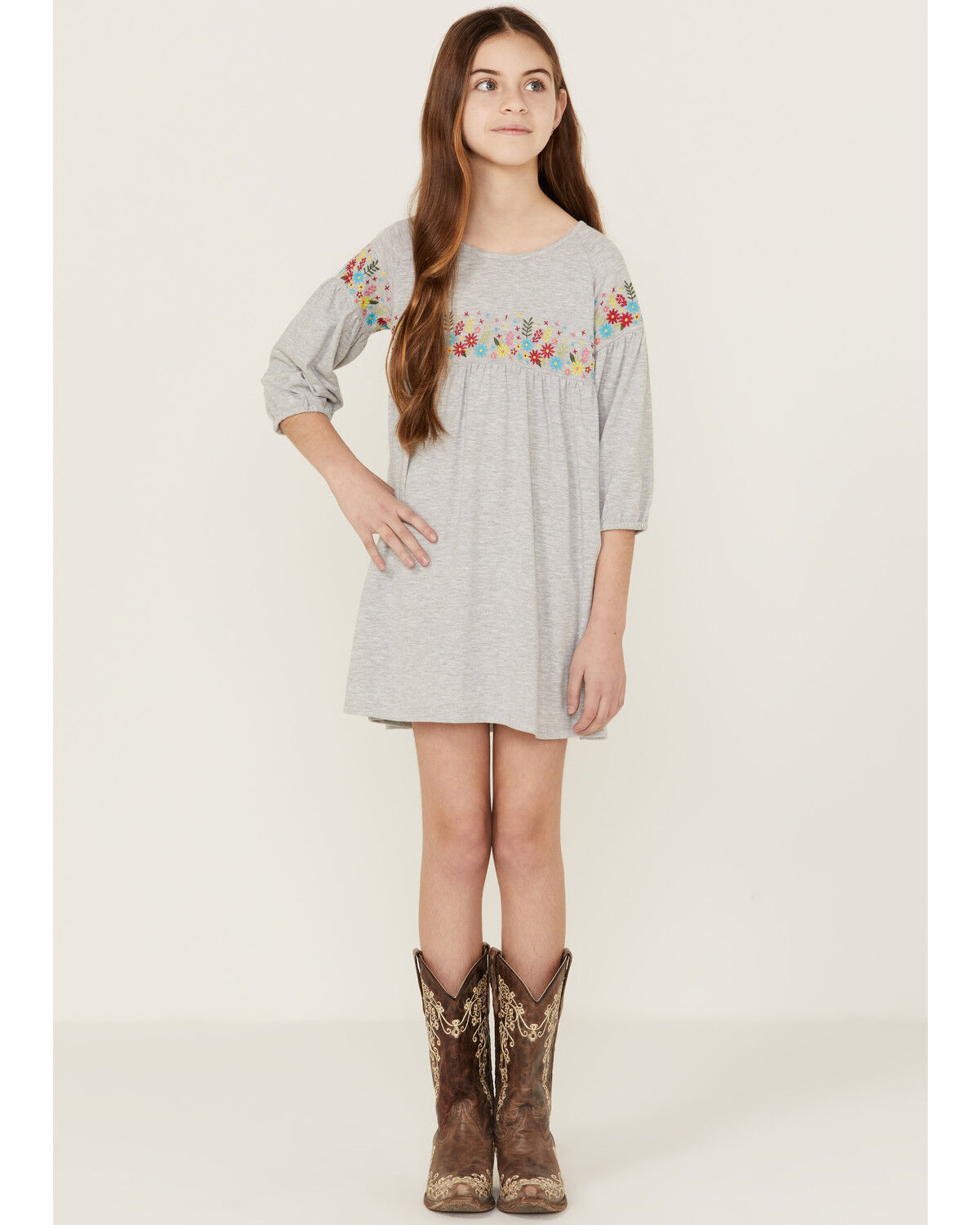 Image #1 - Roper Girls' Cotton Millenge Empire 3/4 Sleeve Mini Dress, Grey, hi-res