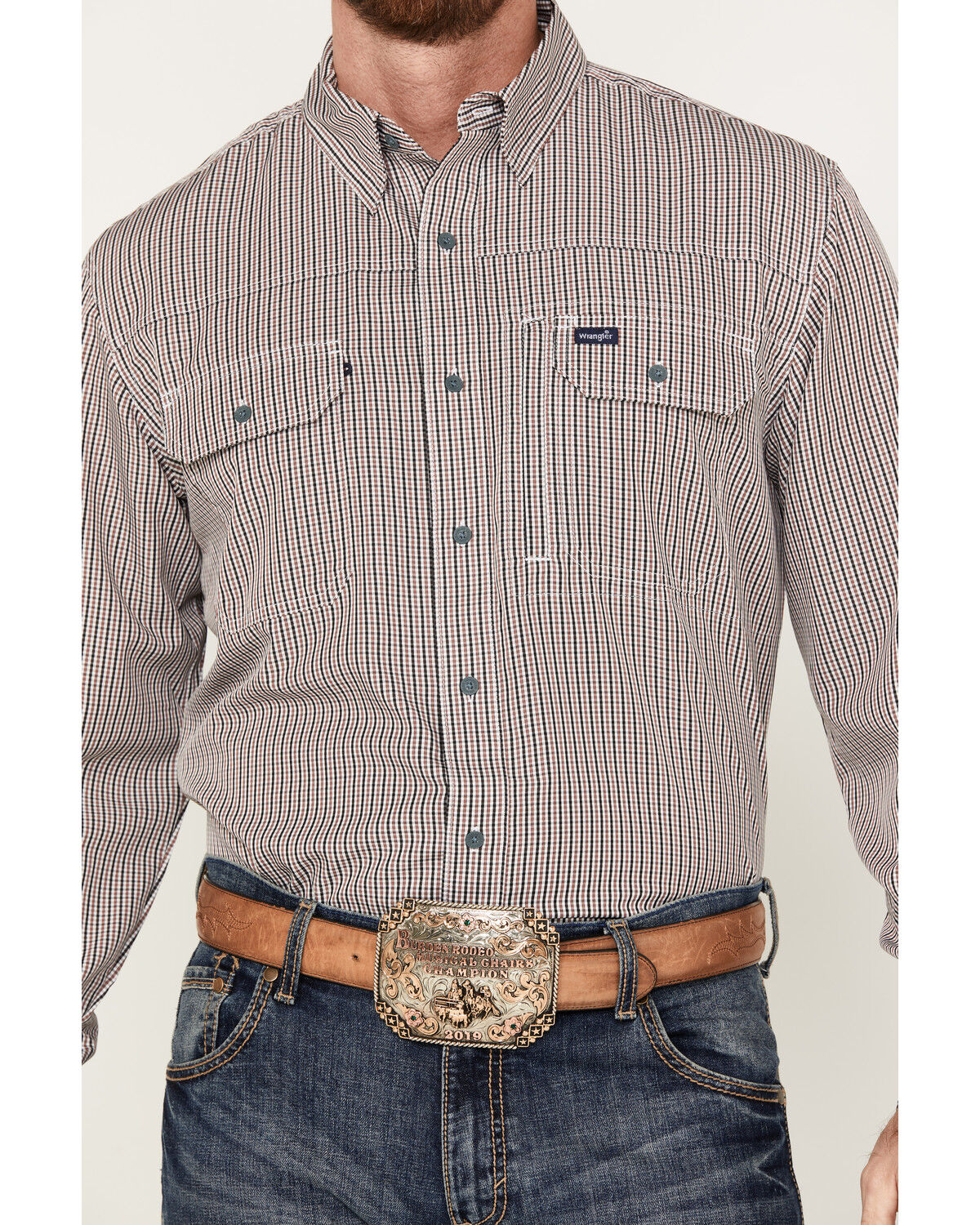 Image #2 - Wrangler Men's Performance Plaid Print Long Sleeve Button Down Western Shirt, Red, hi-res
