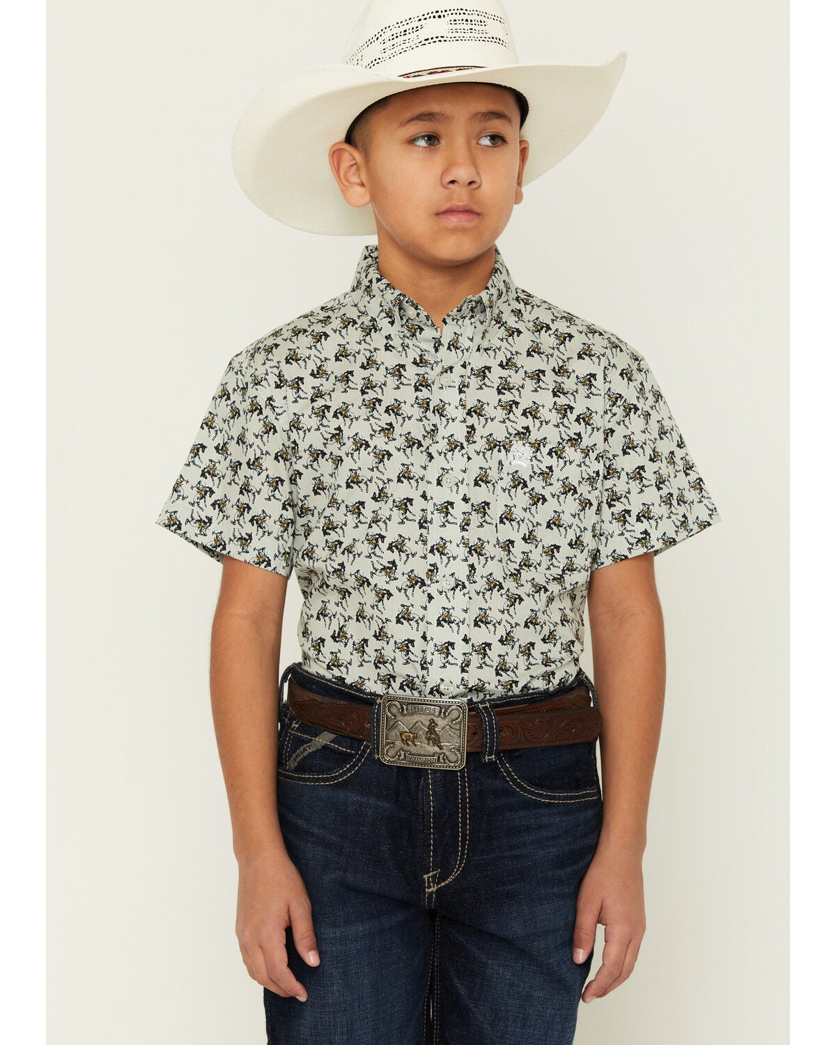 Image #1 - Cinch Boys' Horse Print Short Sleeve Button-Down Western Shirt, Grey, hi-res