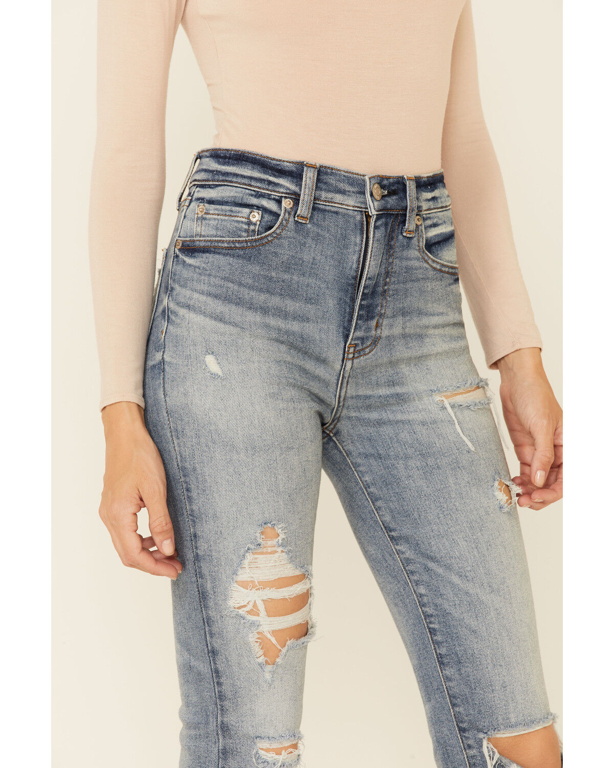 Image #3 - Daze Denim Women's Light Wash Distressed High Rise Straight Jeans, Light Blue, hi-res