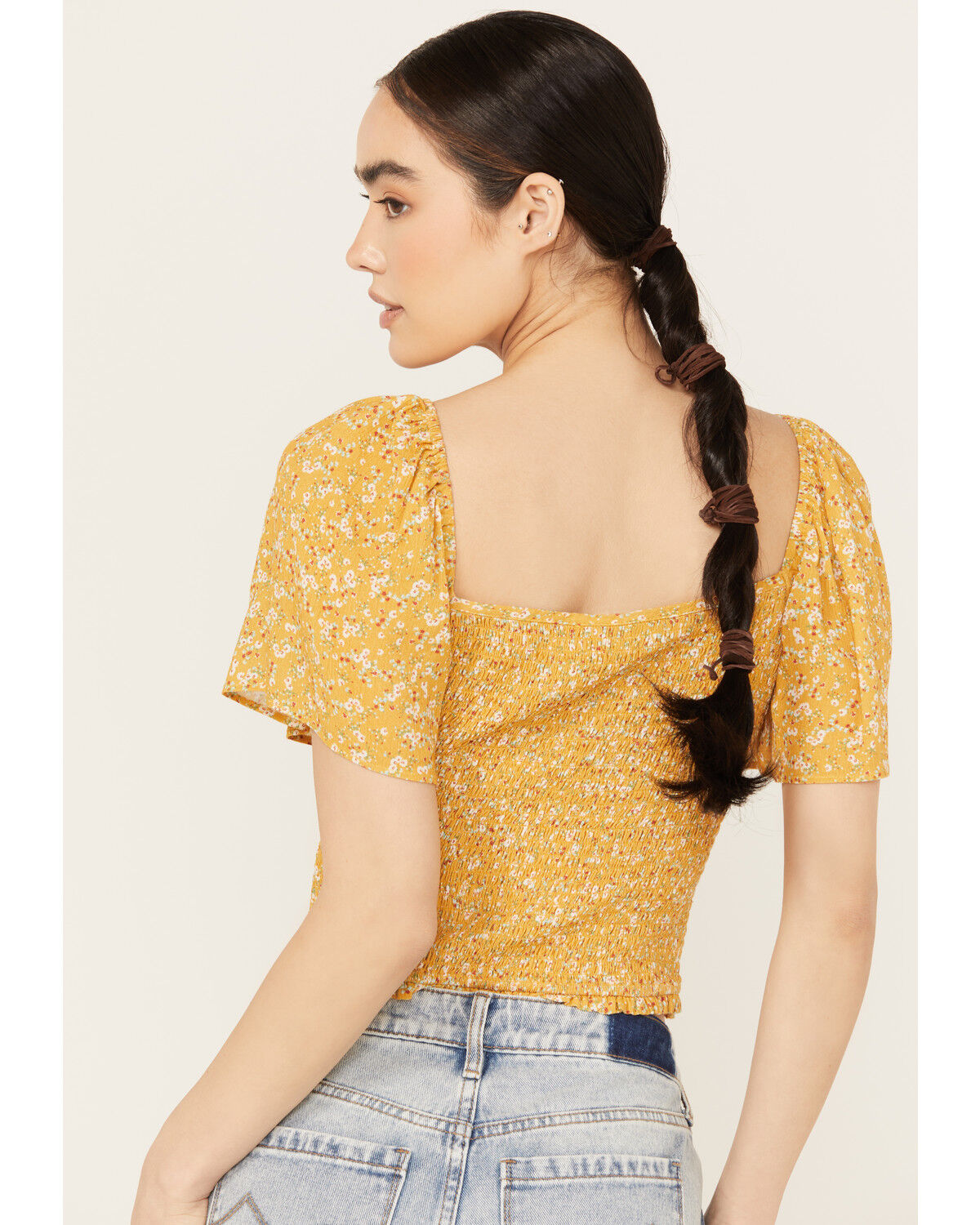 Image #4 - Beyond The Radar Women's Floral Printed Smocked Top, Mustard, hi-res
