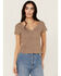 Image #1 - Cleo + Wolf Women's King Arthur Printed Short Sleeve Cropped Baby Tee, Chocolate, hi-res