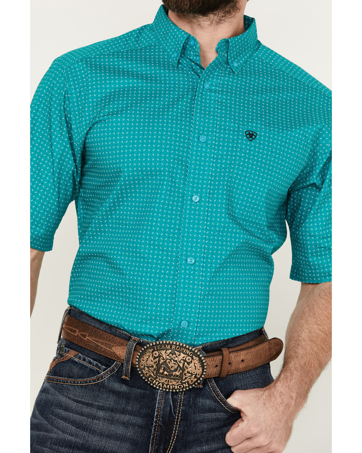 Image #3 - Ariat Men's Judd Geo Print Short Sleeve Button-Down Western Shirt, Turquoise, hi-res