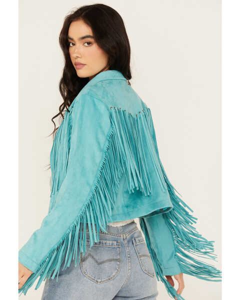 Image #4 - Powder River Outfitters Women's Micro Suede Fringe Jacket , Turquoise, hi-res