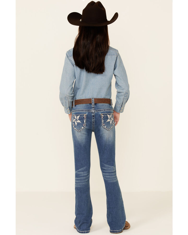 Shyanne Girls' Medium Wash Embroidered Star Pocket Embroidered Star Pocket Regular Bootcut Jeans - Big , Blue, hi-res