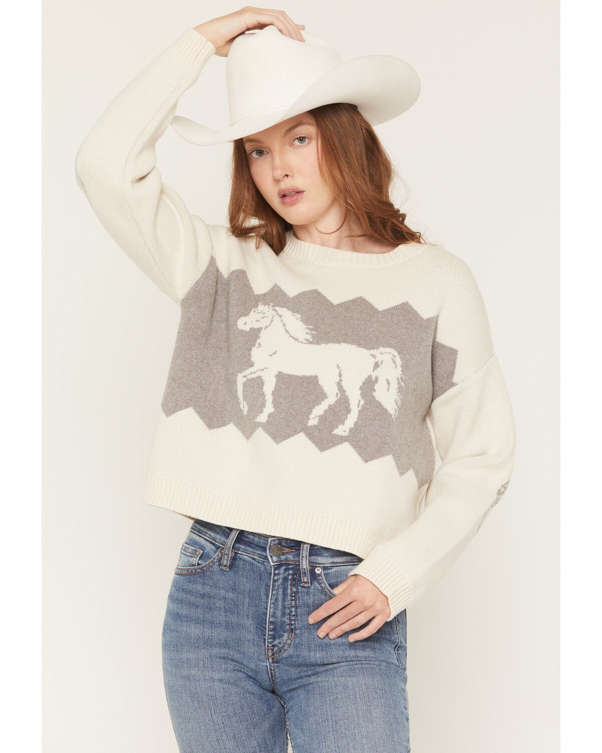 Originality Women's Horse Pullover Sweater, White, hi-res