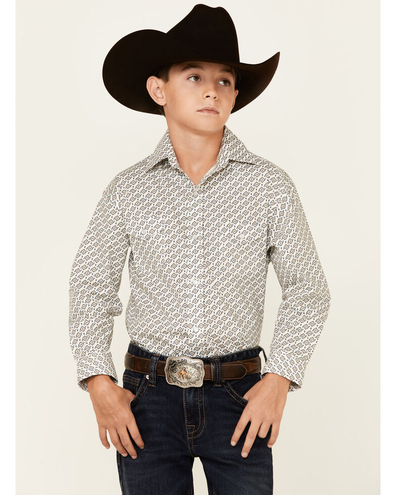 Rough Stock By Panhandle Boys' Sand Diamond Geo Print Long Sleeve Snap Western Shirt , Sand, hi-res
