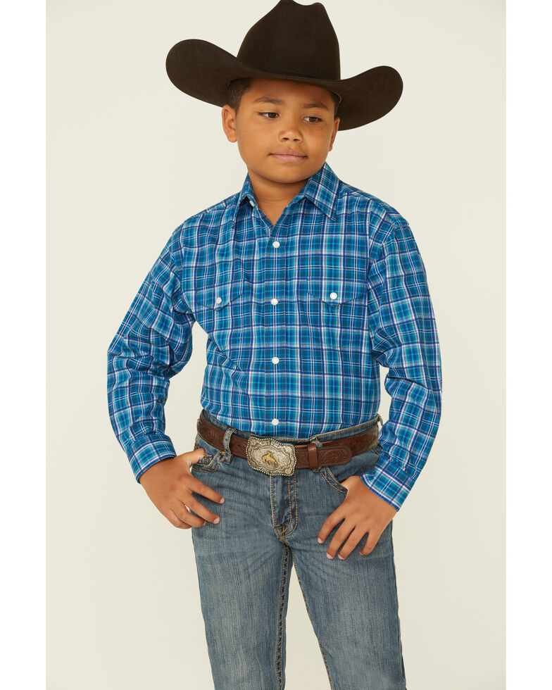 Rough Stock By Panhandle Boys' Teal Dobby Plaid Long Sleeve Snap Western Shirt , Blue, hi-res