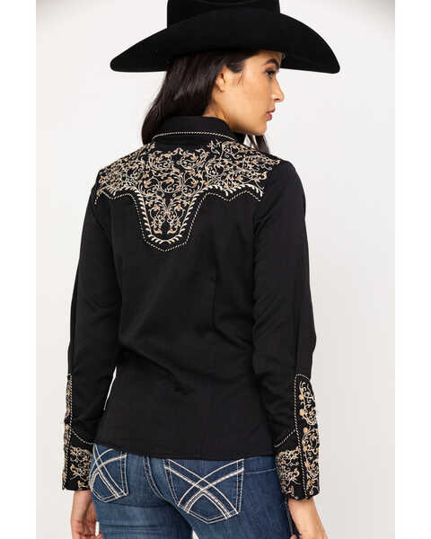 Image #2 - Scully Women's Scroll Embroidered Long Sleeve Pearl Snap Western Shirt, Black/tan, hi-res