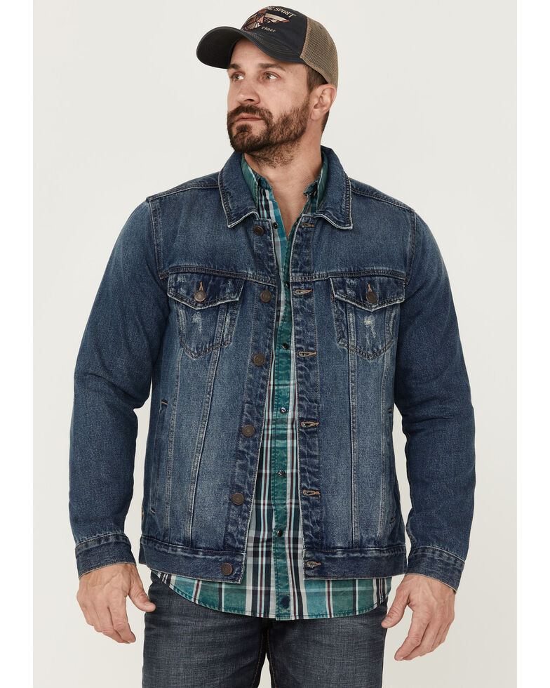 Moonshine Spirit Men's Dark Wash Button-Front Unlined Denim Trucker Jacket , Dark Wash, hi-res