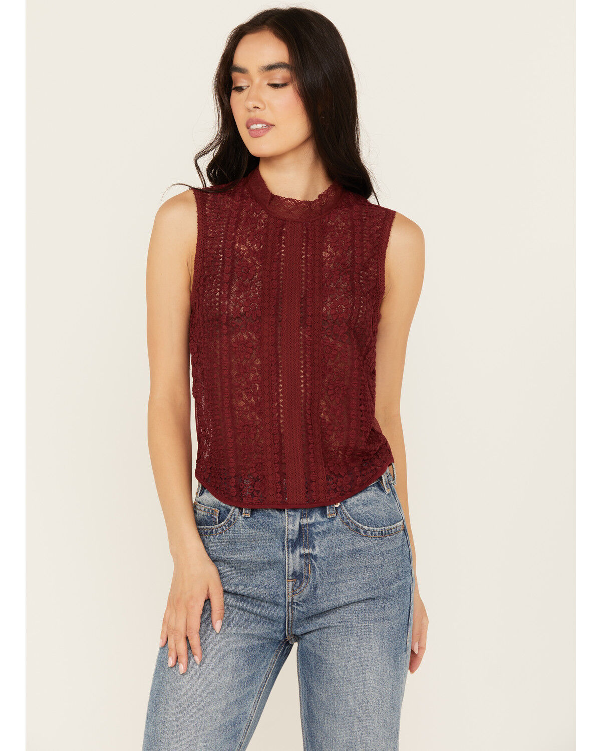 Image #1 - Beyond The Radar Women's Lace Mock Neck Tank, Burgundy, hi-res