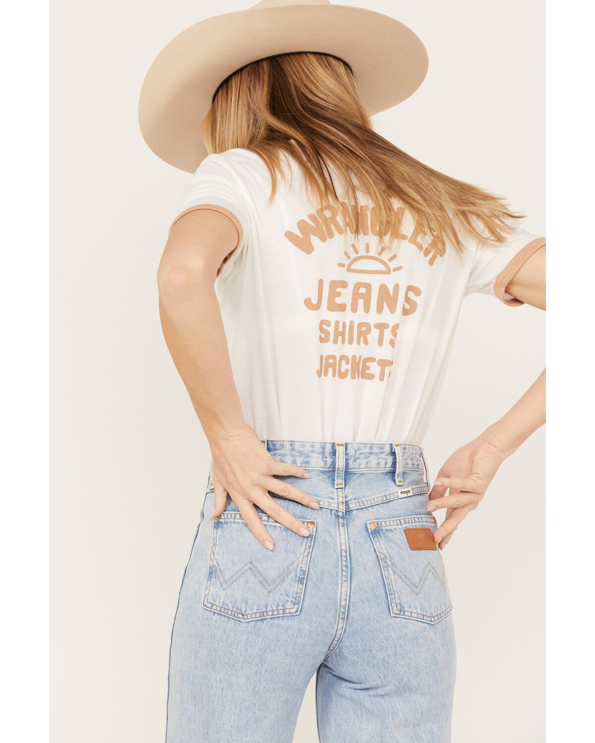 Image #1 - Wrangler Women's Boot Barn Exclusive Sun Graphic Ringer Tee, Ivory, hi-res