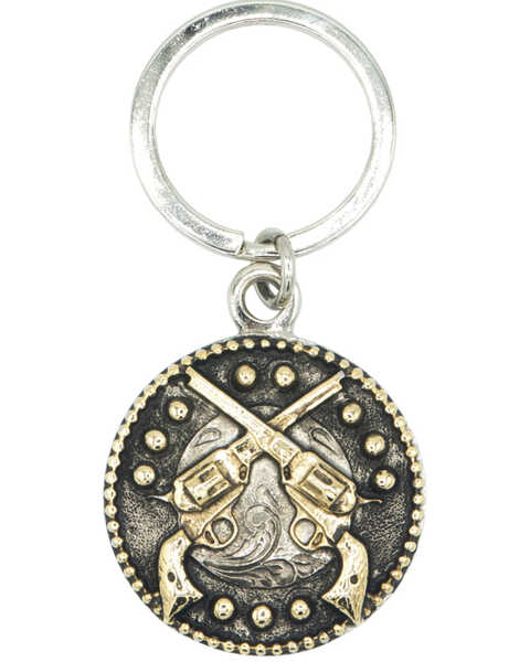 AndWest Antique Brass Crossed Pistols Keychain, Silver, hi-res