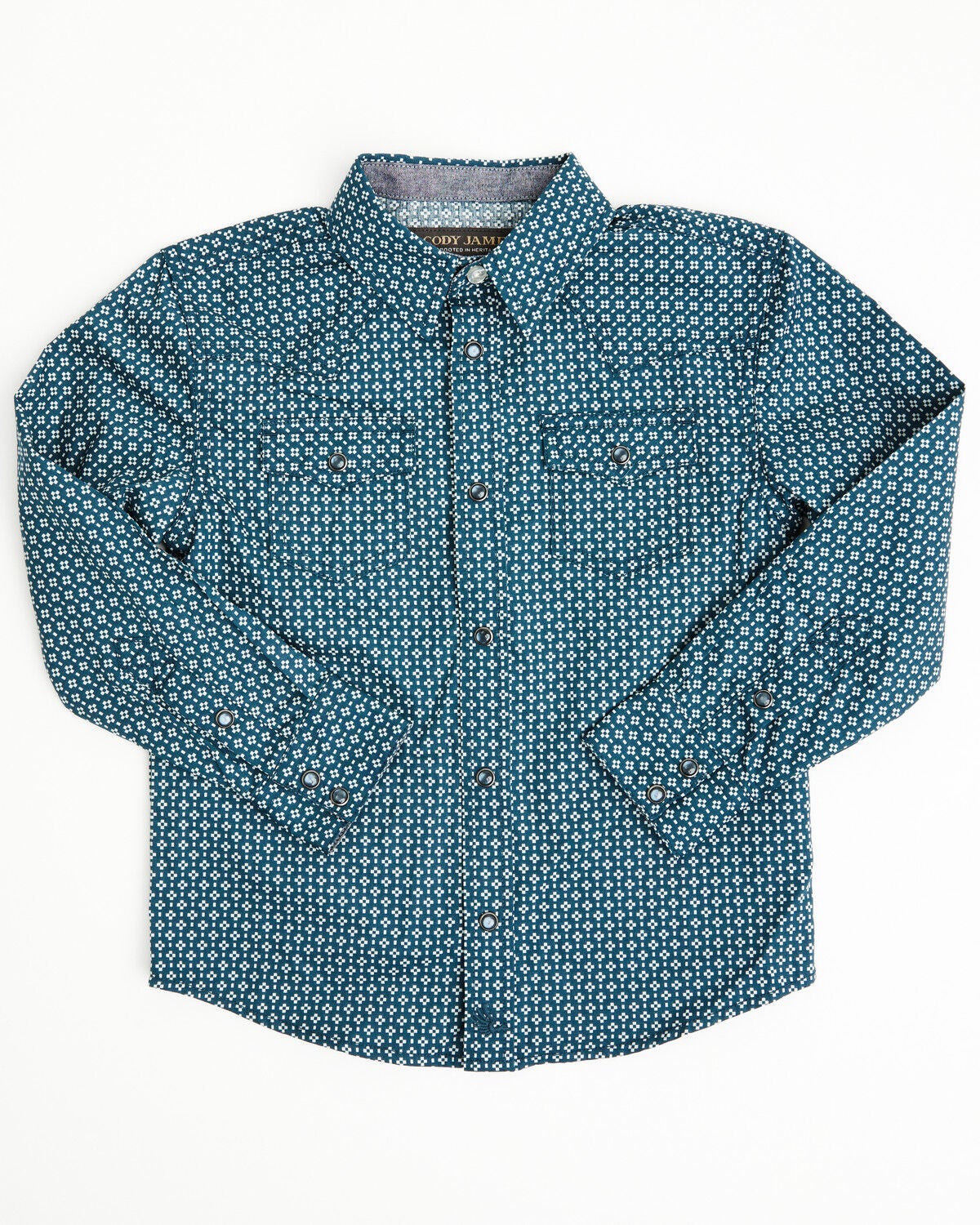 Image #1 - Cody James Toddler Boys' Bourbon Geo Print Long Sleeve Pearl Snap Western Shirt, Navy, hi-res