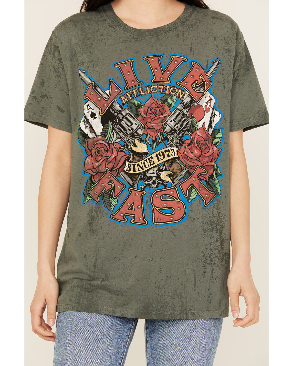 Image #3 - Affliction Women's Live Fast Studded Short Sleeve Graphic Tee, Grey, hi-res