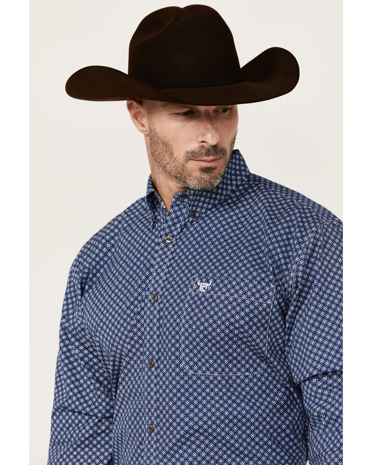 Image #2 - Cowboy Hardware Men's Cross Floral Print Long Sleeve Button-Down Stretch Western Shirt, Navy, hi-res