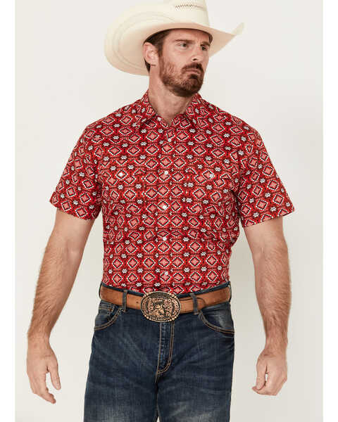 Image #1 - Rodeo Clothing Men's Southwestern Print Short Sleeve Pearl Snap Stretch Western Shirt , Red, hi-res