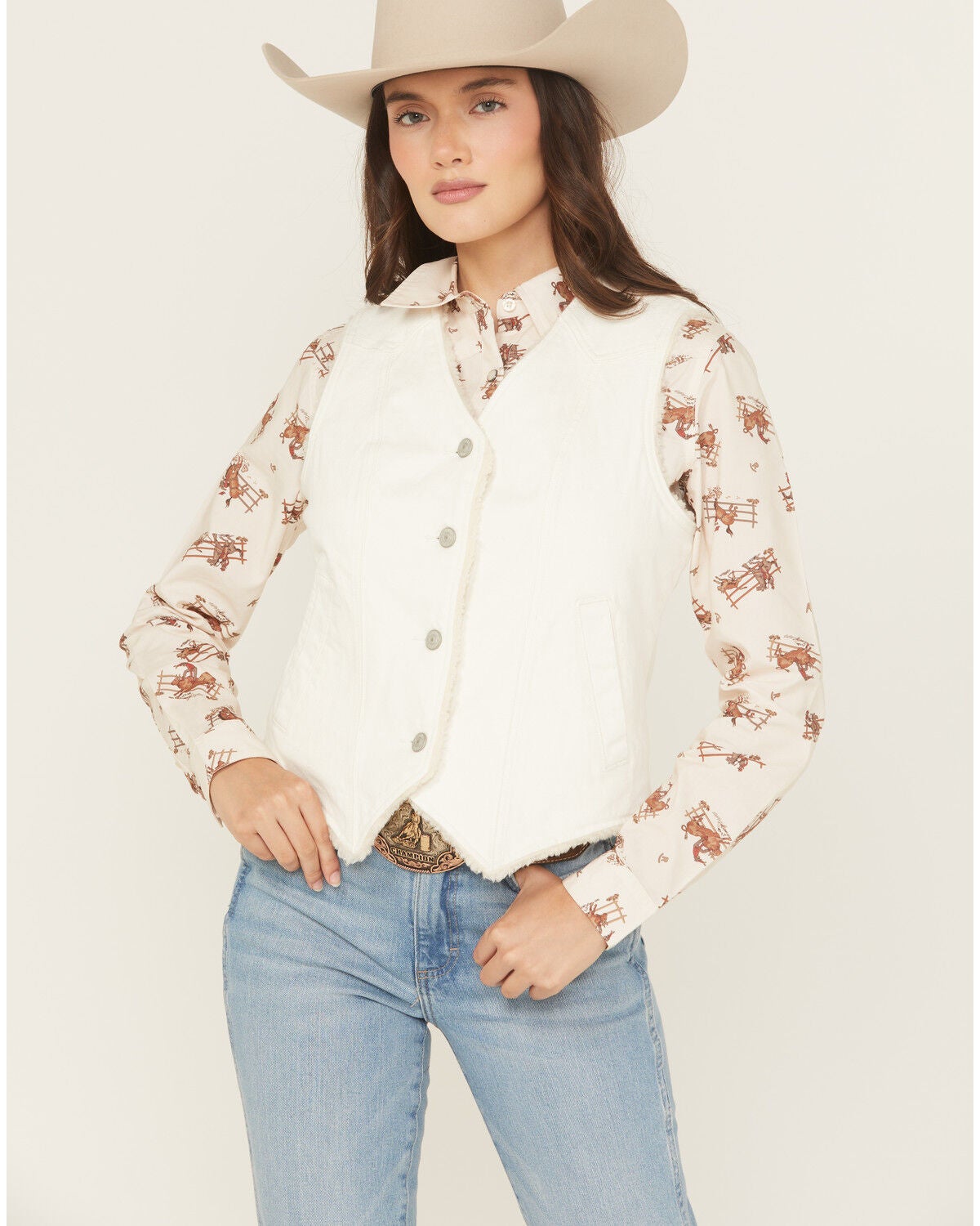 Shyanne Women's Sherpa Lined Button-Down Denim Vest, Off White, hi-res