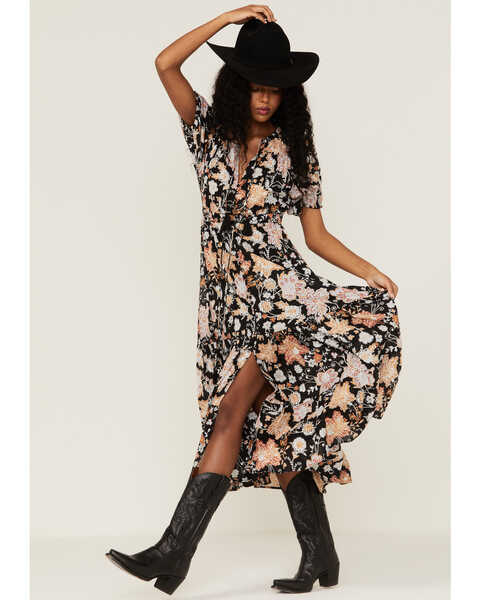Revel Women's Floral Print Midi Dress, Black, hi-res