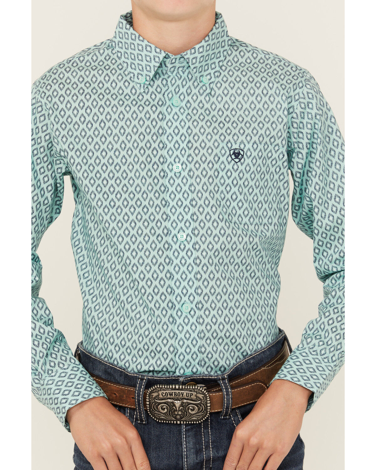 Image #3 - Ariat Boys' Geo Print Long Sleeve Button-Down Western Shirt, Mint, hi-res