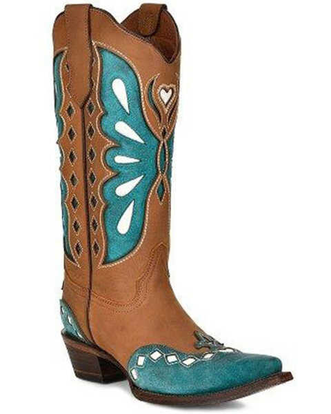 Image #1 - Circle G by Corral Women's Wing Inlay Western Boots - Snip Toe, Tan/turquoise, hi-res