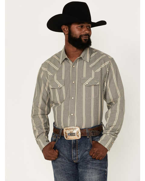 Image #1 - Blue Ranchwear Men's Striped Long Sleeve Pearl Snap Shirt, Sand, hi-res