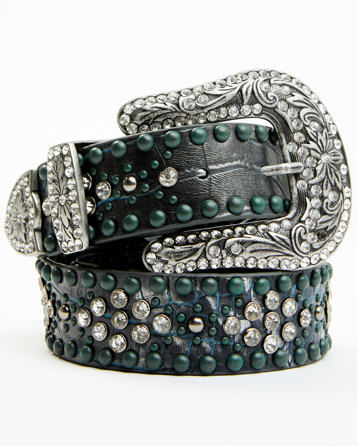 Image #1 - Shyanne Women's Silver Distressed Croc Turquoise & Rhinestone Bling Belt, Grey, hi-res