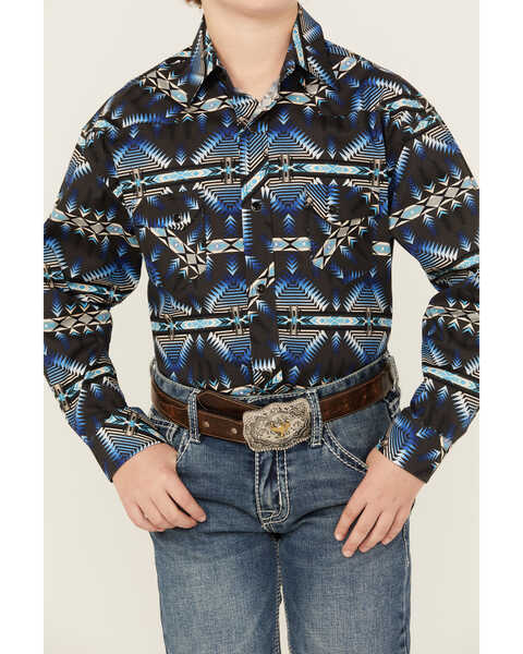Image #3 - Rock & Roll Denim Boys' Southwestern Print Long Sleeve Stretch Snap Western Shirt , Navy, hi-res