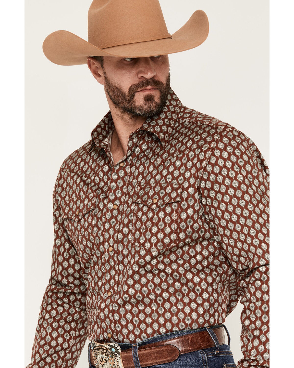 Image #2 - Wrangler Retro Men's Geo Print Long Sleeve Snap Western Shirt, Rust Copper, hi-res