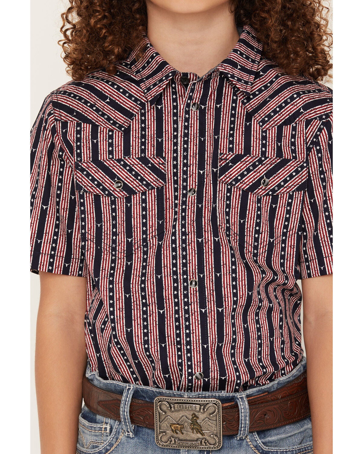 Image #3 - Cody James Boys' Steer Head Stars & Stripes Short Sleeve Snap Western Shirt, Navy, hi-res